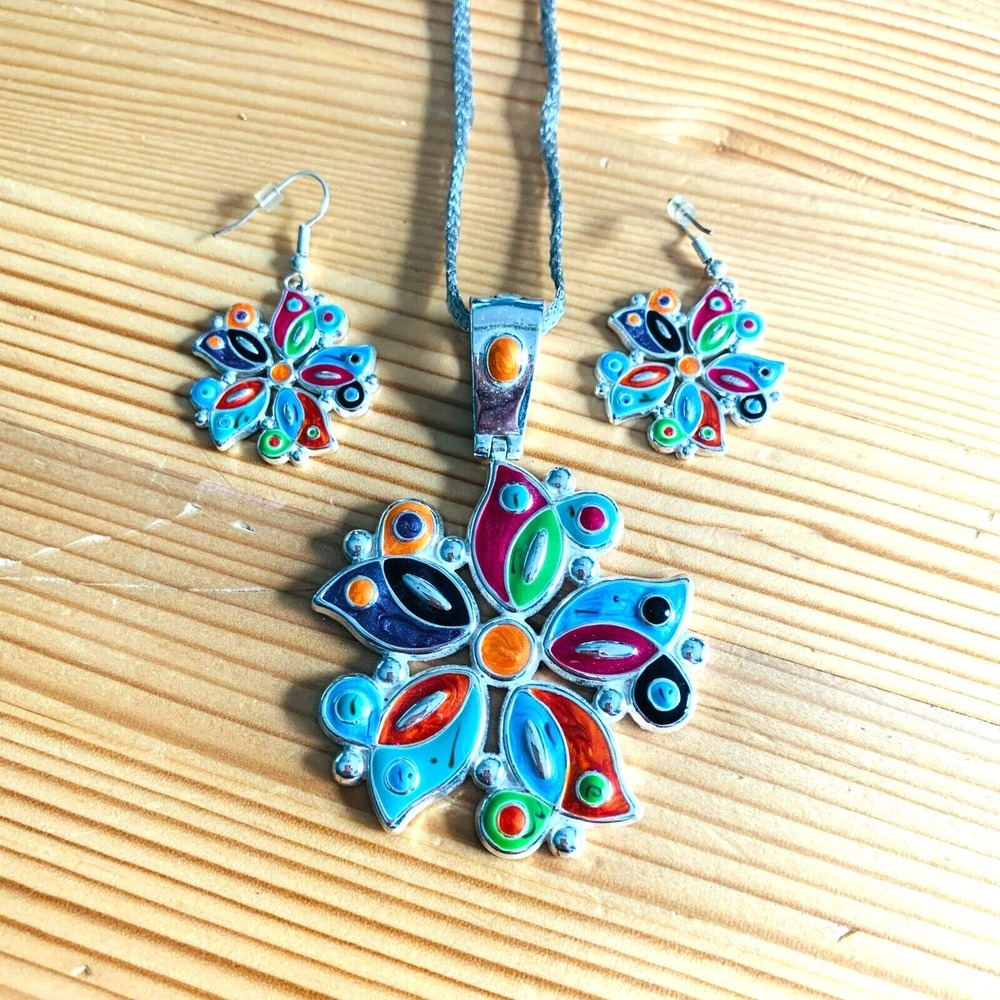 Best Multi Color Enamel Floral Pendant Necklace and Earring Set Silver Tone Boho